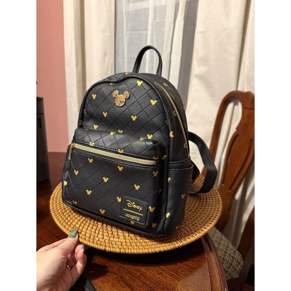 Disney Loungefly Mickey Mouse Quilted Black Gold Mini Backpack Bag